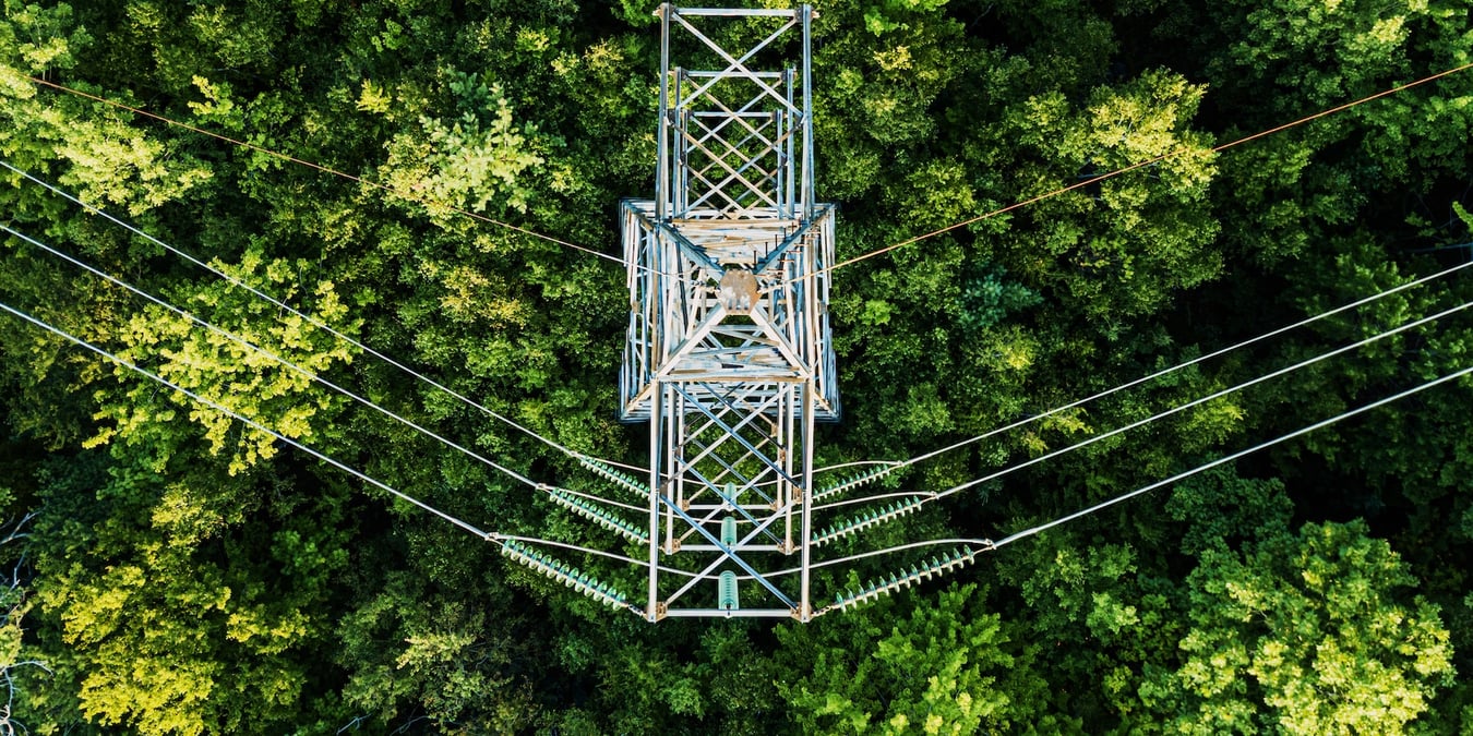 Top-down view of a transmission tower in a forest.